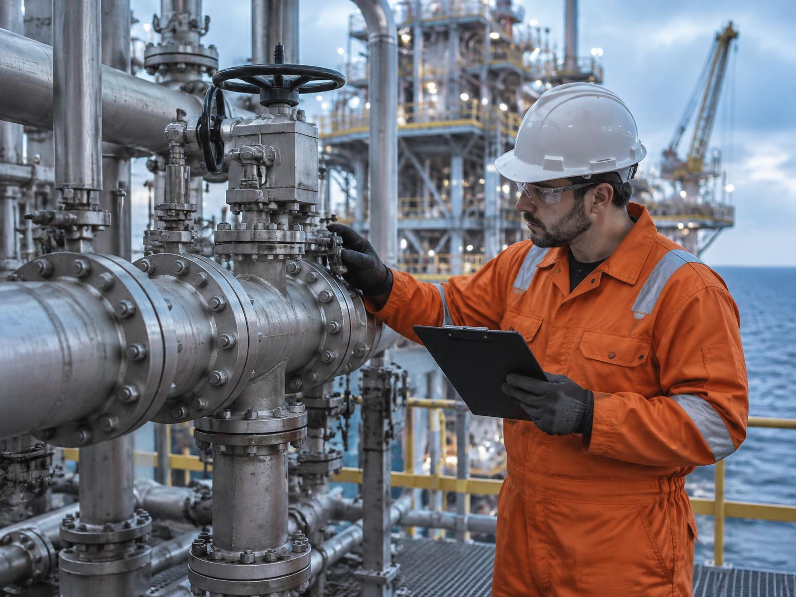 Técnico com equipamento de proteção individual a inspeccionar tubagens industriais